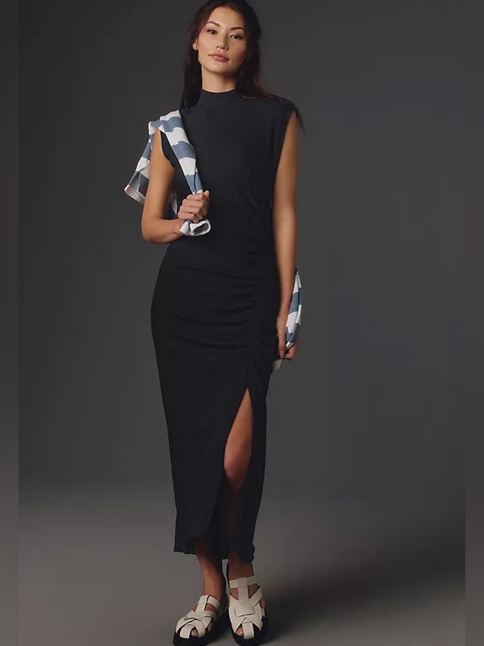 Anthropologie NWT Daily Practice Mock Neck Sleeveless Black Ruched Midi Dress
